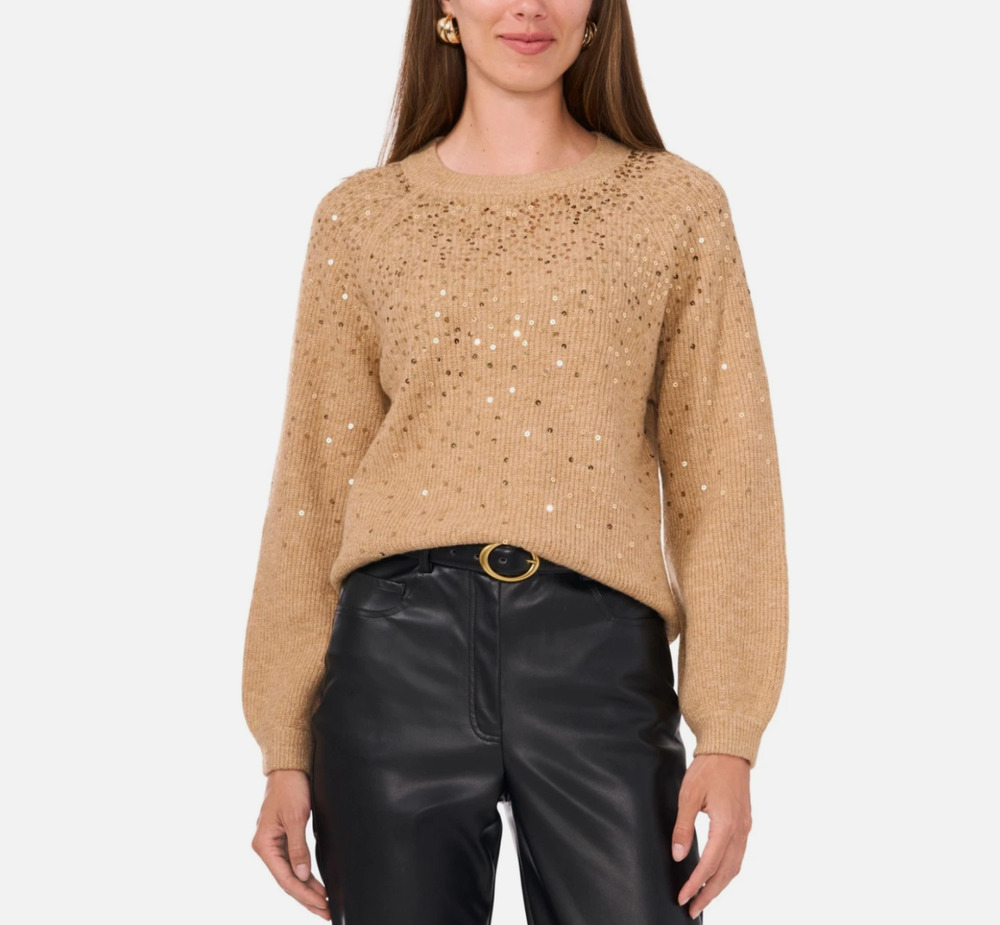 Vince Camuto Women Sequined Raglan Sleeve Sweater Latte Heather Size 2XL